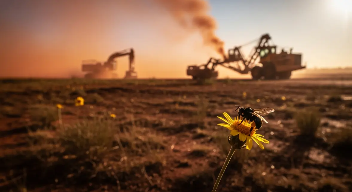 Abeille noire sur une fleur rare dans un paysage industriel australien