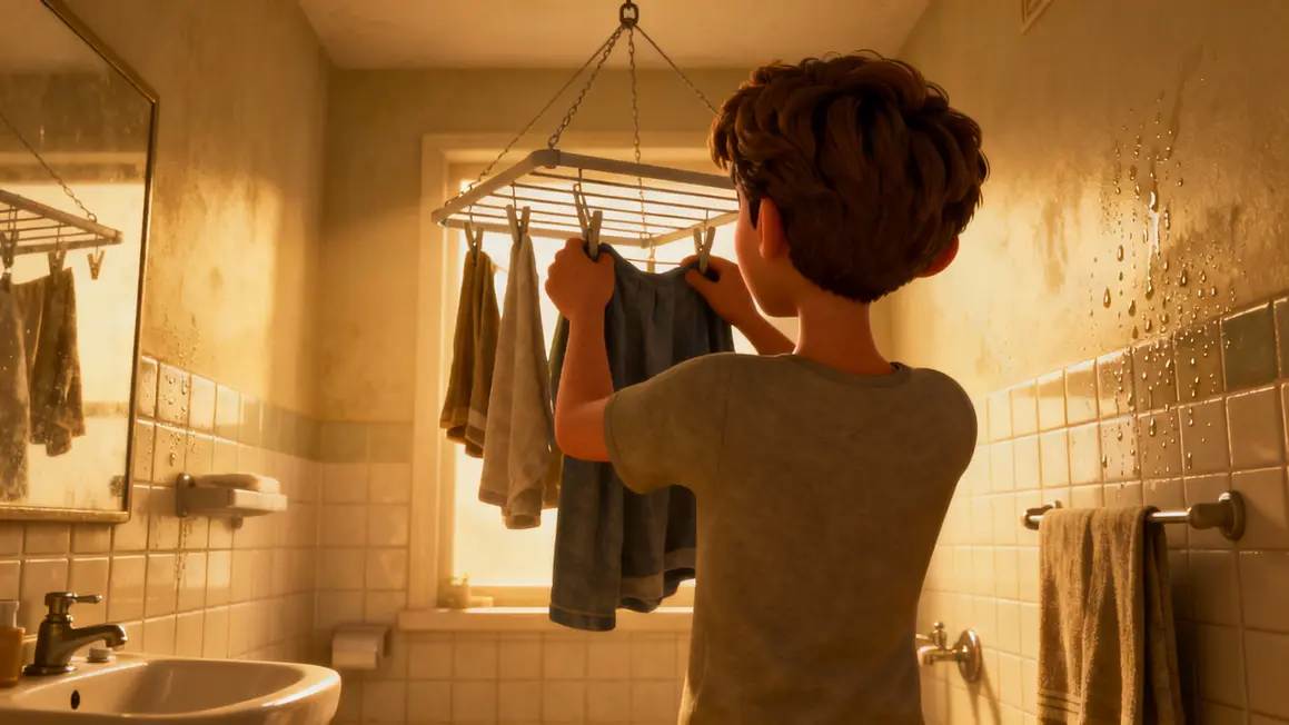 Personne accrochant linge sur sechoir suspendu dans deux-pieces