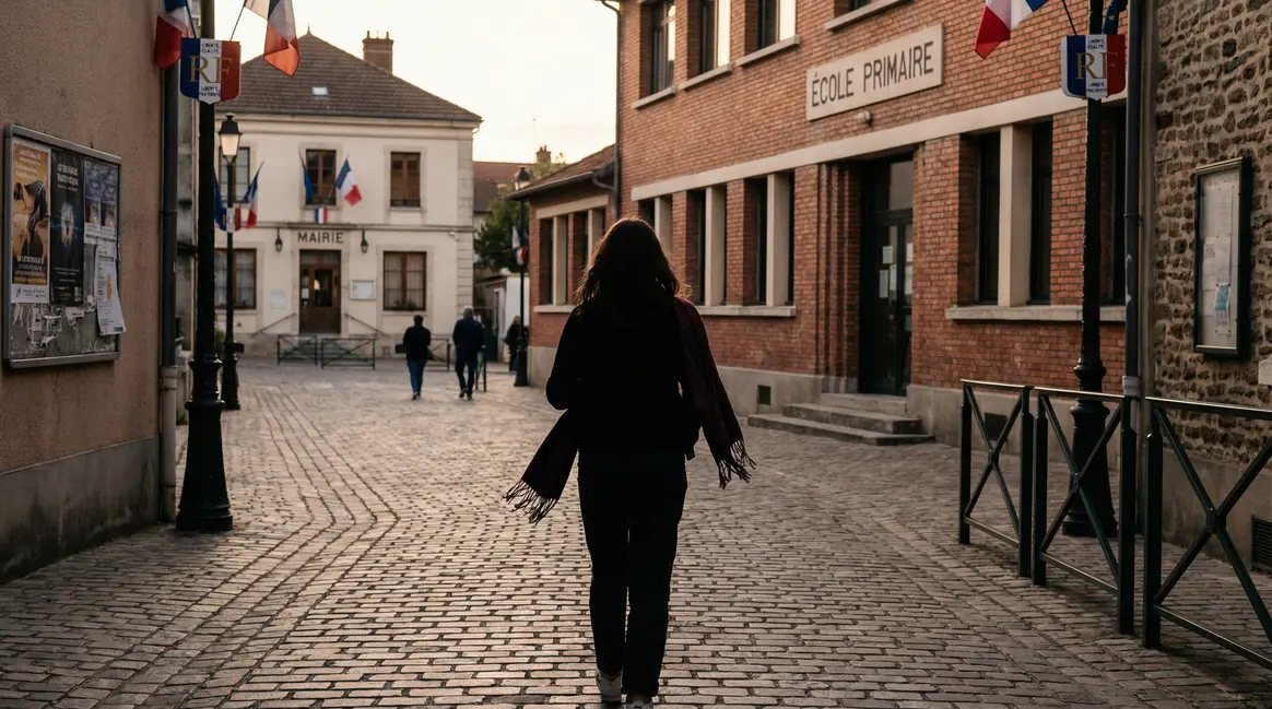 Jeune fille voilée de dos dans la rue devant école république