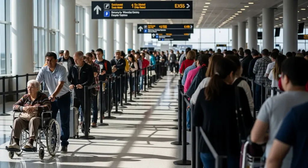 Personne aidante poussant fauteuil à l'aéroport