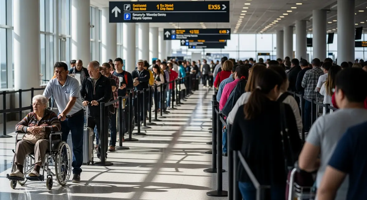 Personne aidante poussant fauteuil à l'aéroport