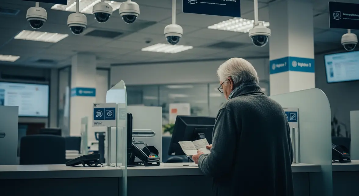 Personne âgée déposant un chèque sous surveillance en agence bancaire