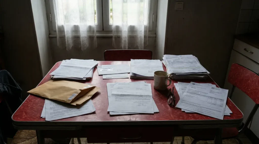 enveloppe brune et documents aide domicile sur table formica