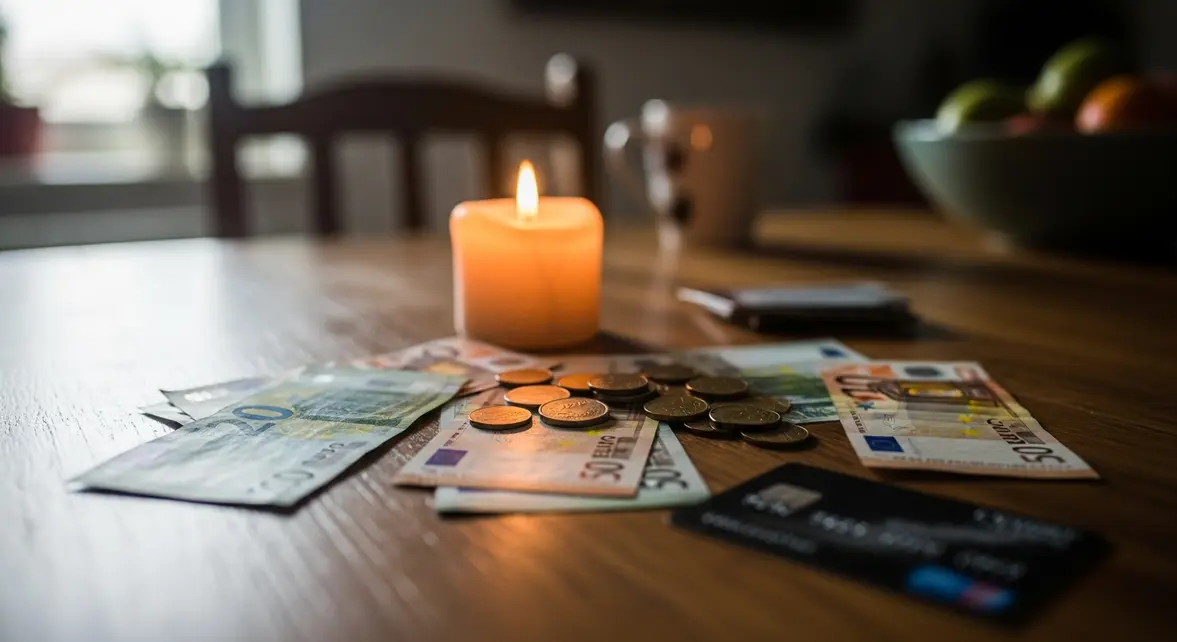 Billets euro, pieces et carte bancaire sur une table de cuisine