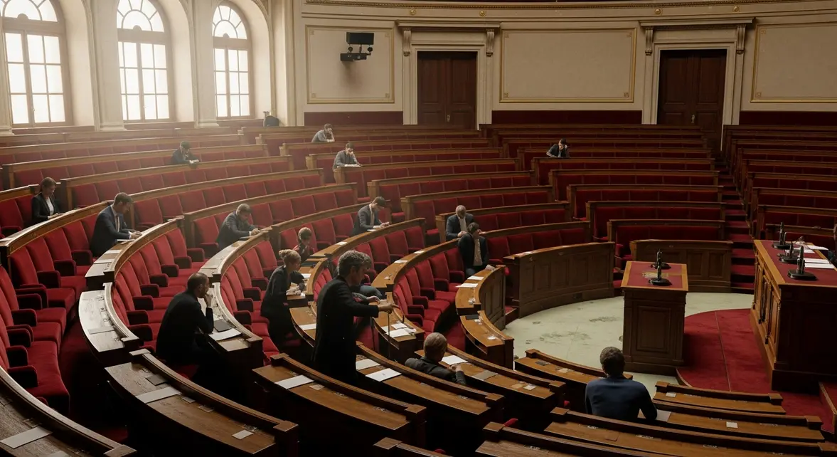 Salle de l'Assemblée nationale avec bancs rouges et députés dispersés