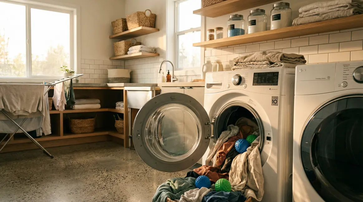 balle de lavage sur linge dans buanderie machine à laver