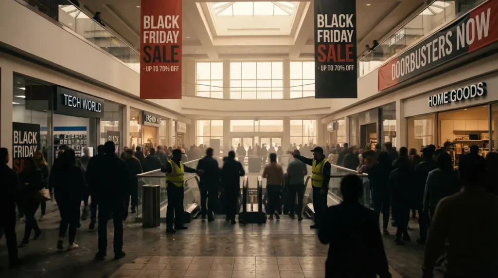 foule en centre commercial pendant le black friday avec panneaux promotions et agents grève