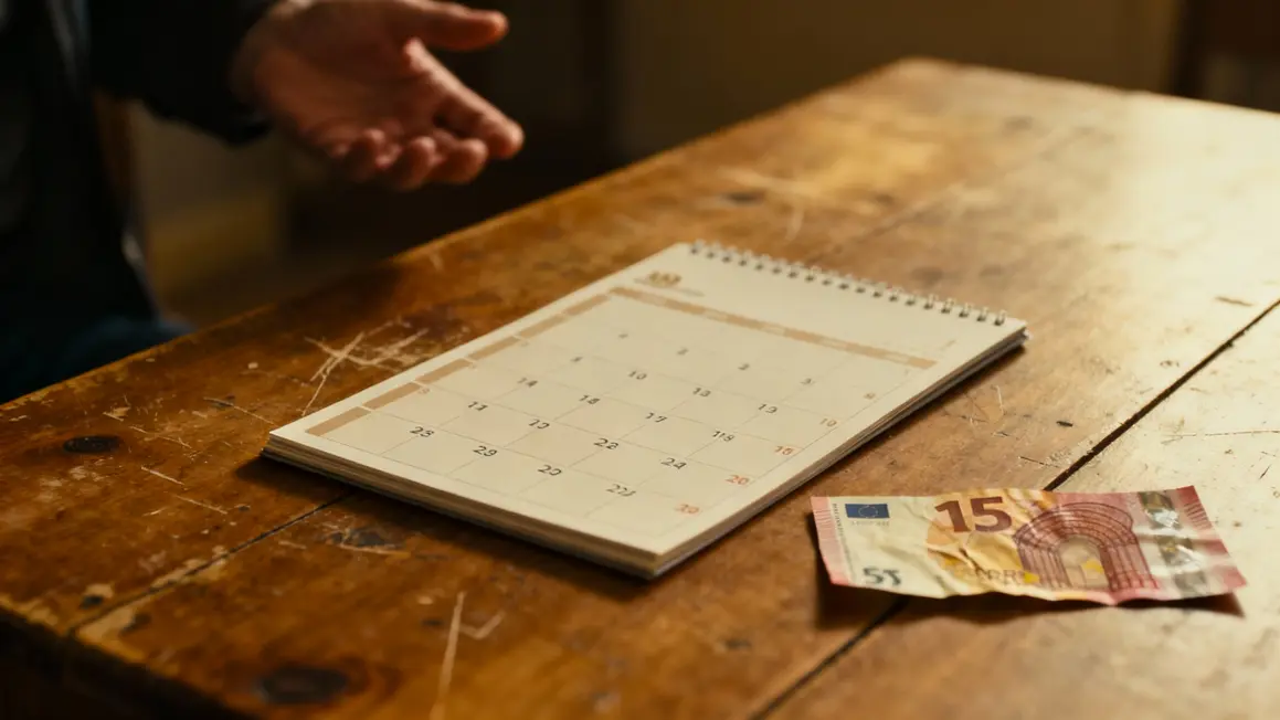 Calendrier sans logo billet 15 euros main tremblante sur table