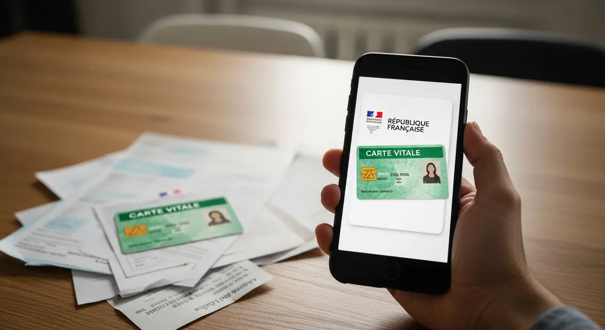 Carte Vitale affichée sur smartphone avec version physique en arrière-plan