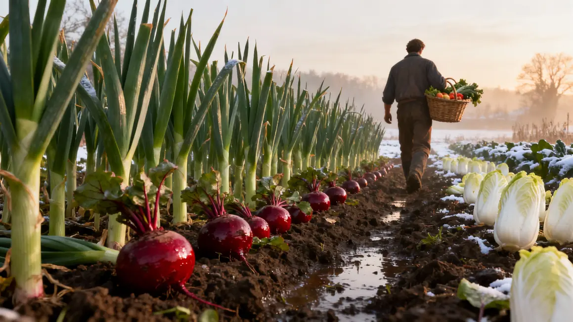 champ d'hiver avec poireaux, betteraves, endives fraîchement récoltés