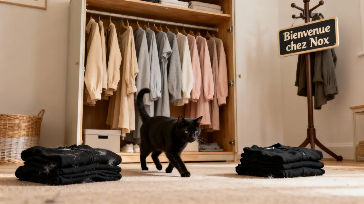 Chat noir vêtements beiges habits noirs poils visibles