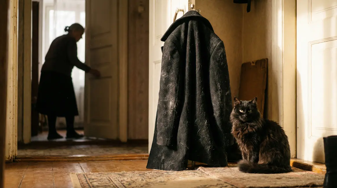 Chat noir à côté manteau poils entrée maison
