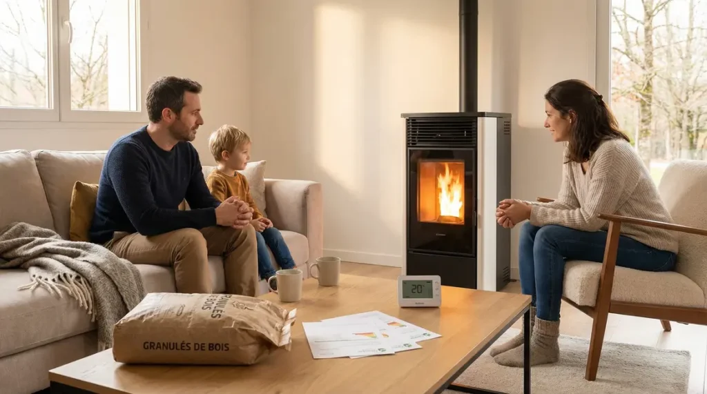 Famille devant poêle à pellets, factures et thermostat 20C