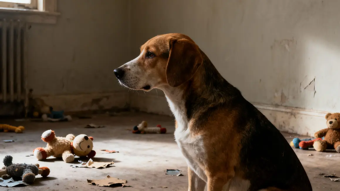 Chien anxieux seul parmi jouets abîmés