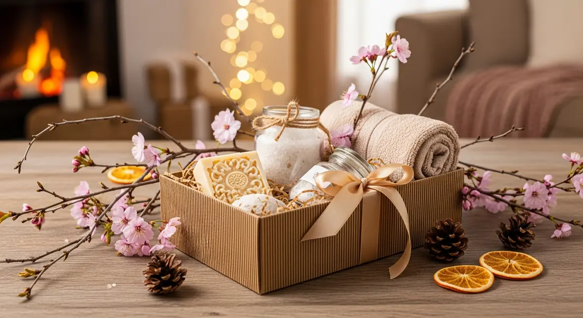 Coffret cadeau bien-être sur table décor festive Noël