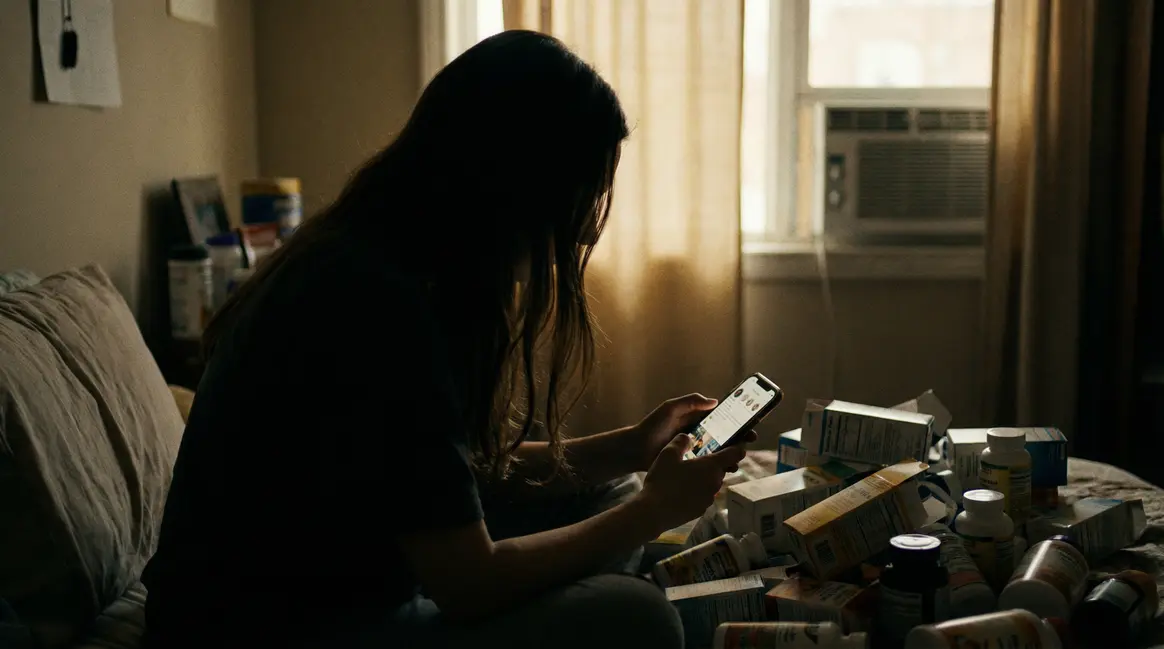 jeune femme entourée de compléments alimentaires et smartphone réseaux sociaux