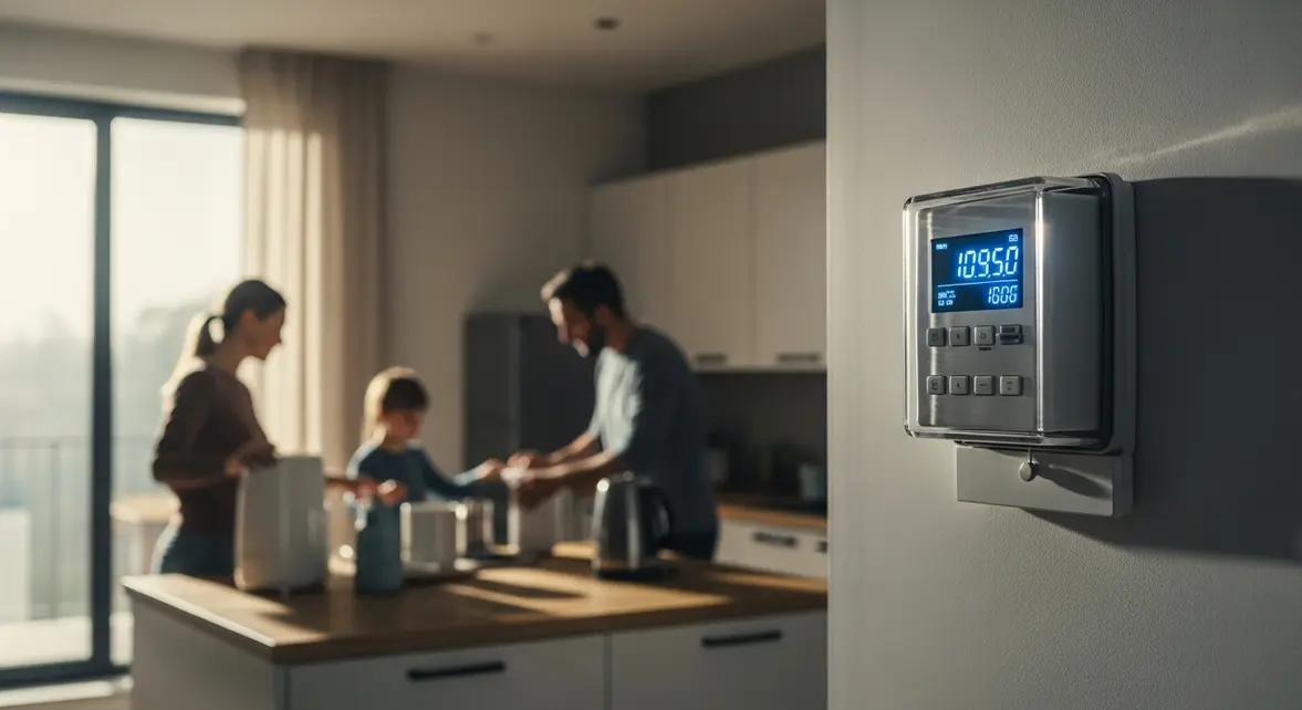 famille devant compteur linky moderne organisation matinale energie