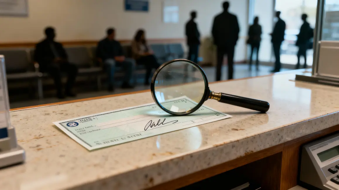 Loupe inspectant un chèque signature floue banque