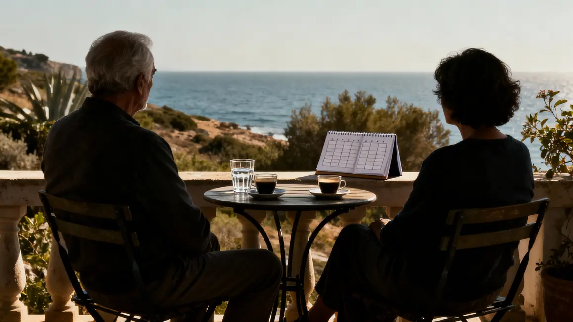 Couple senior terrasse vue mer retraite Crete