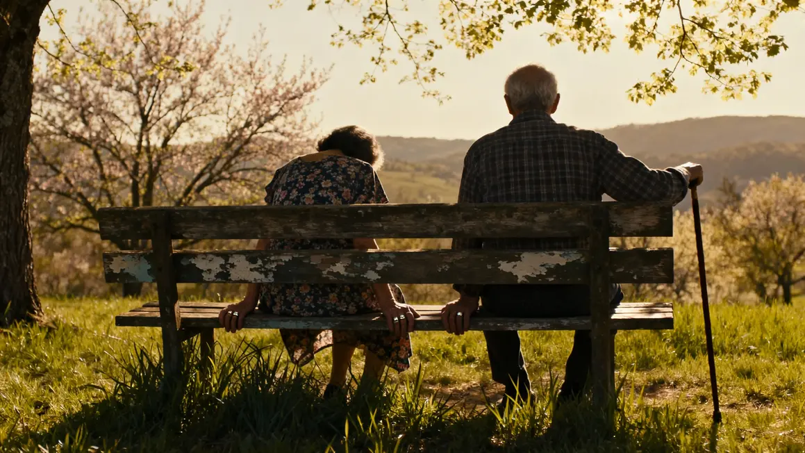 Silhouettes couple intergénérationnel sur banc en campagne Corrèze