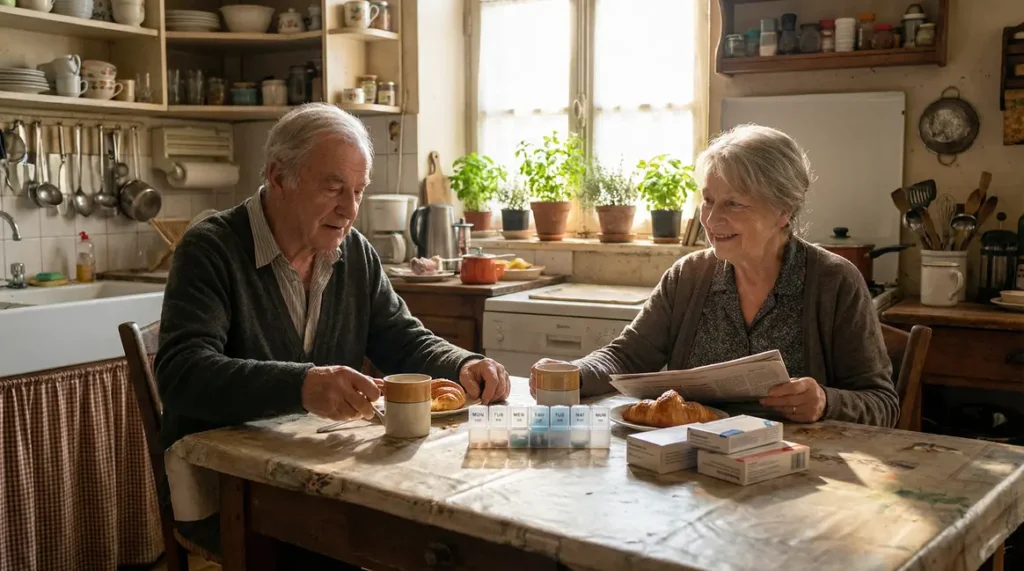 Couple âgé en cuisine avec boite de médicaments à Limoges