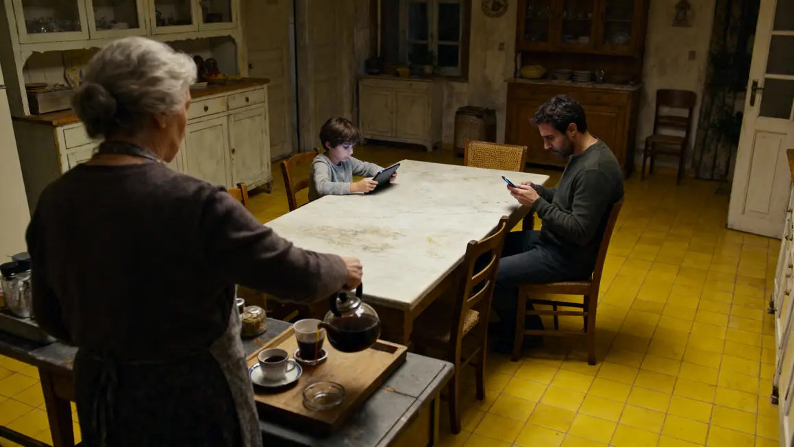 Femme âgée sert du café en cuisine ancienne, tension familiale