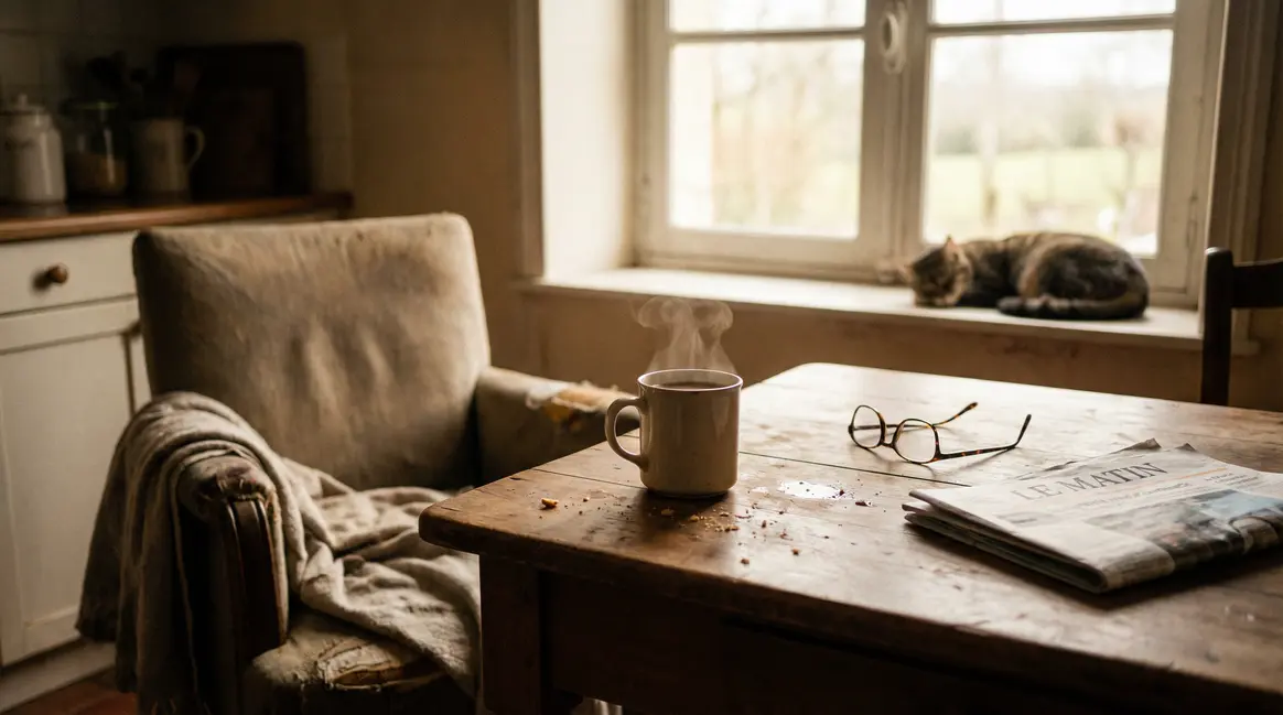 Cuisine silencieuse avec tasse de café fumant et objets du quotidien