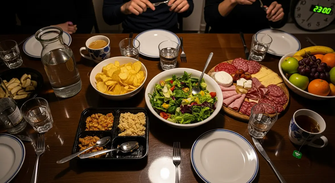 Table de dîner vue du dessus avec aliments pièges réveils nocturnes