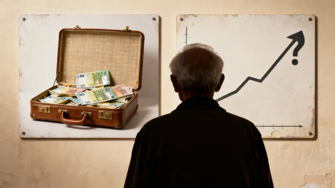 Personne âgée hésite entre valise euros et courbe