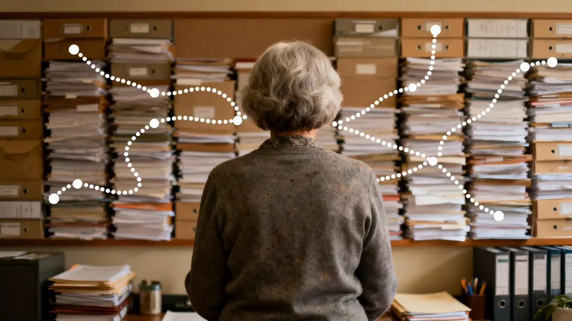 Femme âgée mur de dossiers, complexité financement solidaire