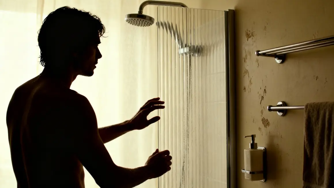 Senior hésitant devant douche, main sur barrière