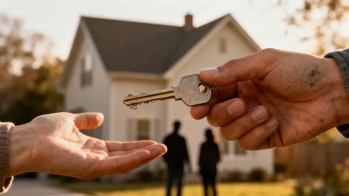 Mains échangeant une clé devant maison secondaire, ambiance conviviale