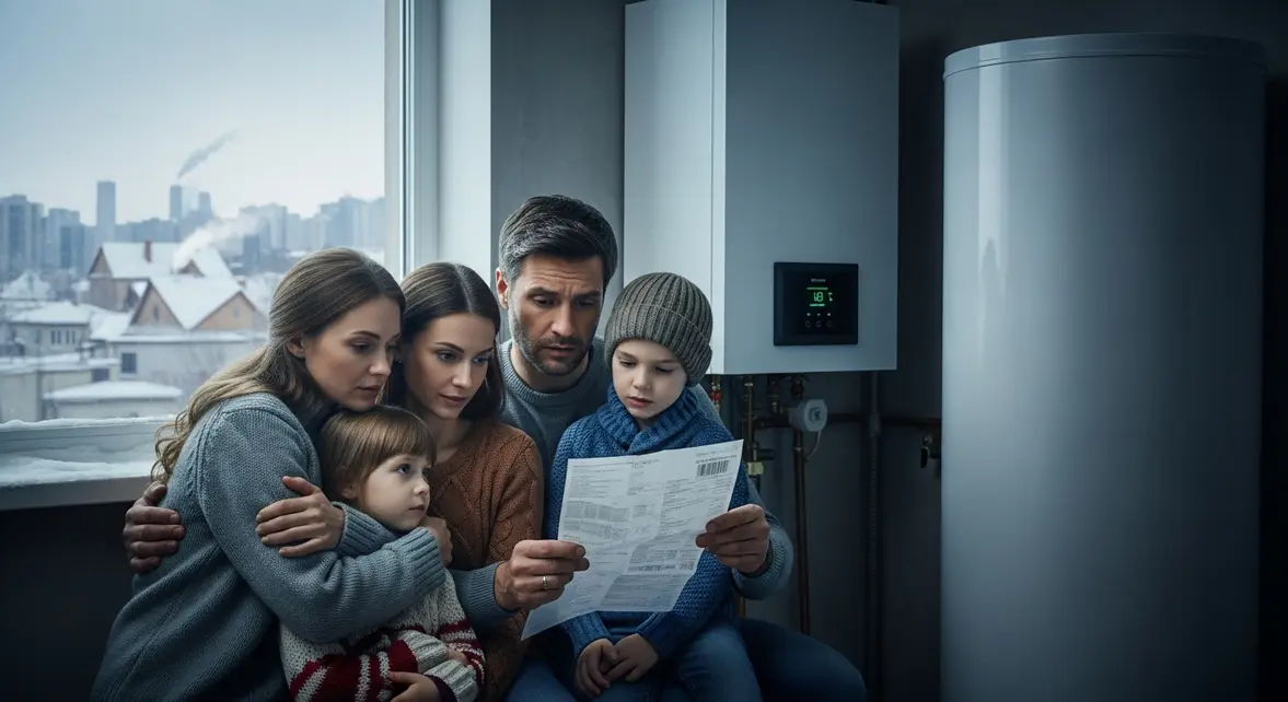 famille devant chauffe-eau facture électricité hiver