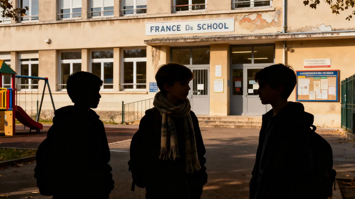 Trois enfants devant école, une fille porte le foulard