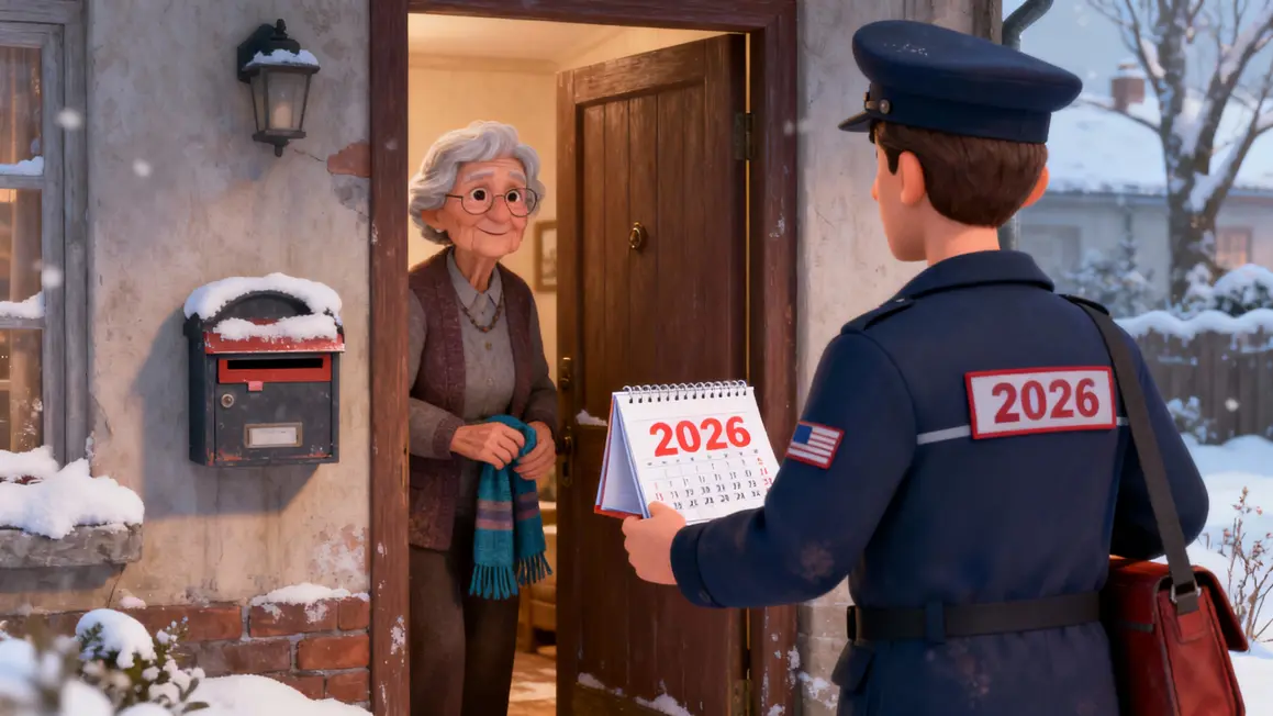Facteur tendant calendrier 2026 devant une porte, hiver