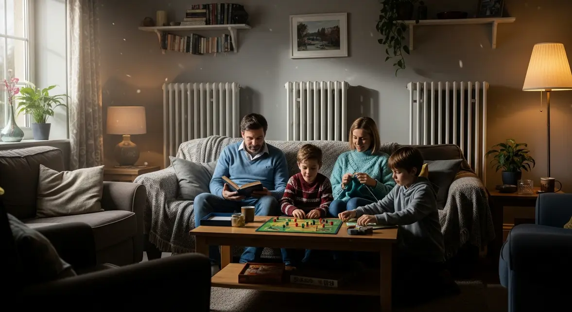 Salon chaleureux radiateurs famille hiver