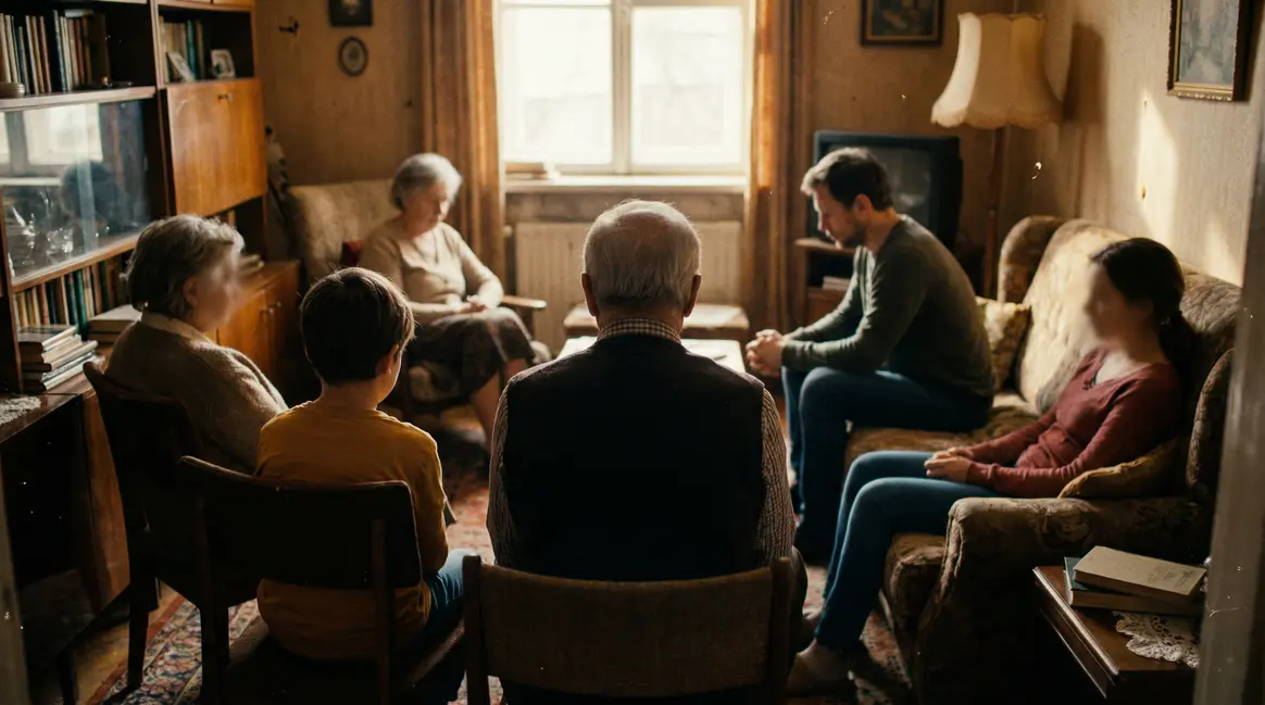 Famille réunie dans le salon, ambiance de tension et incompréhension