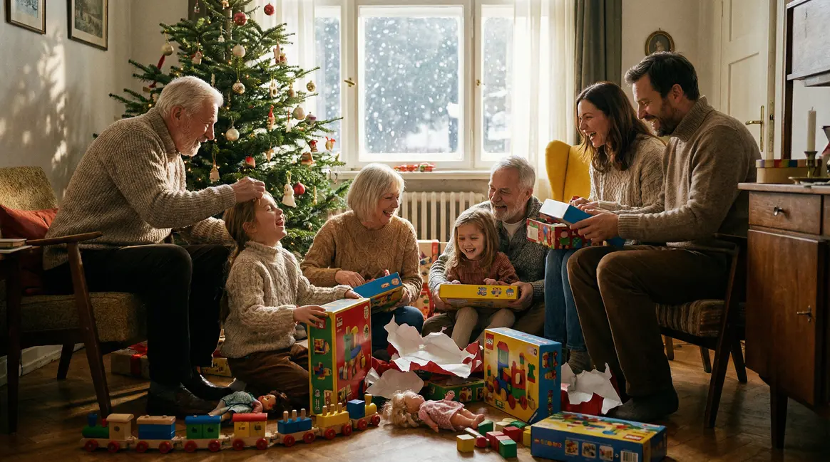 Famille réunie ouvrant des jouets sous le sapin à Noël