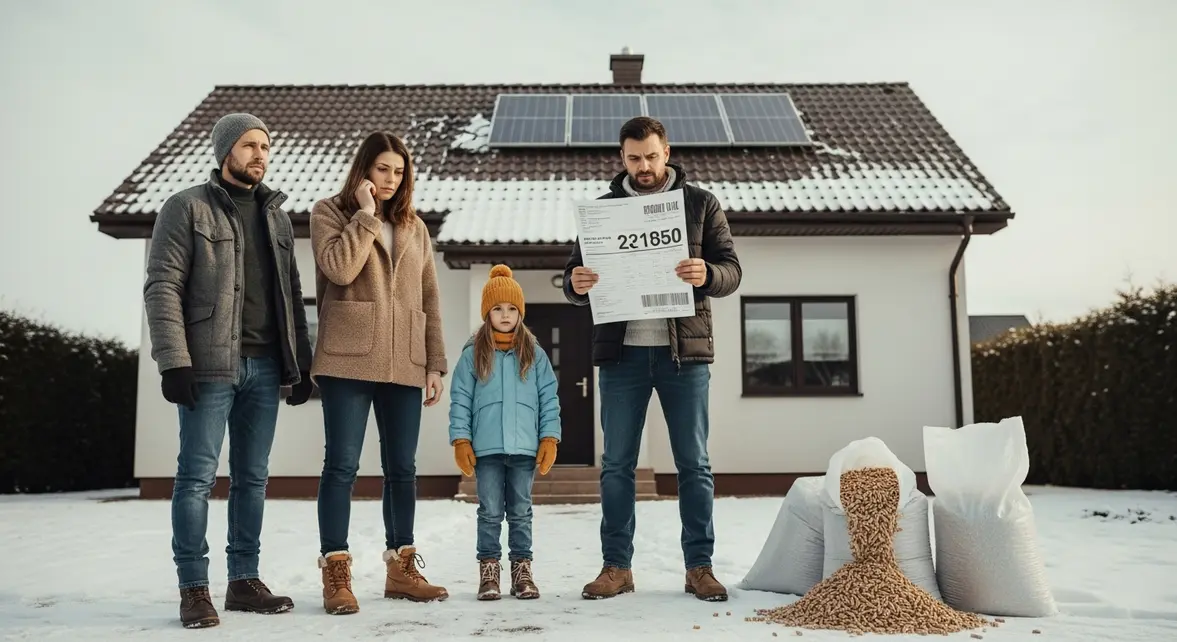 Famille inquiete devant maison avec pellets et panneau solaire