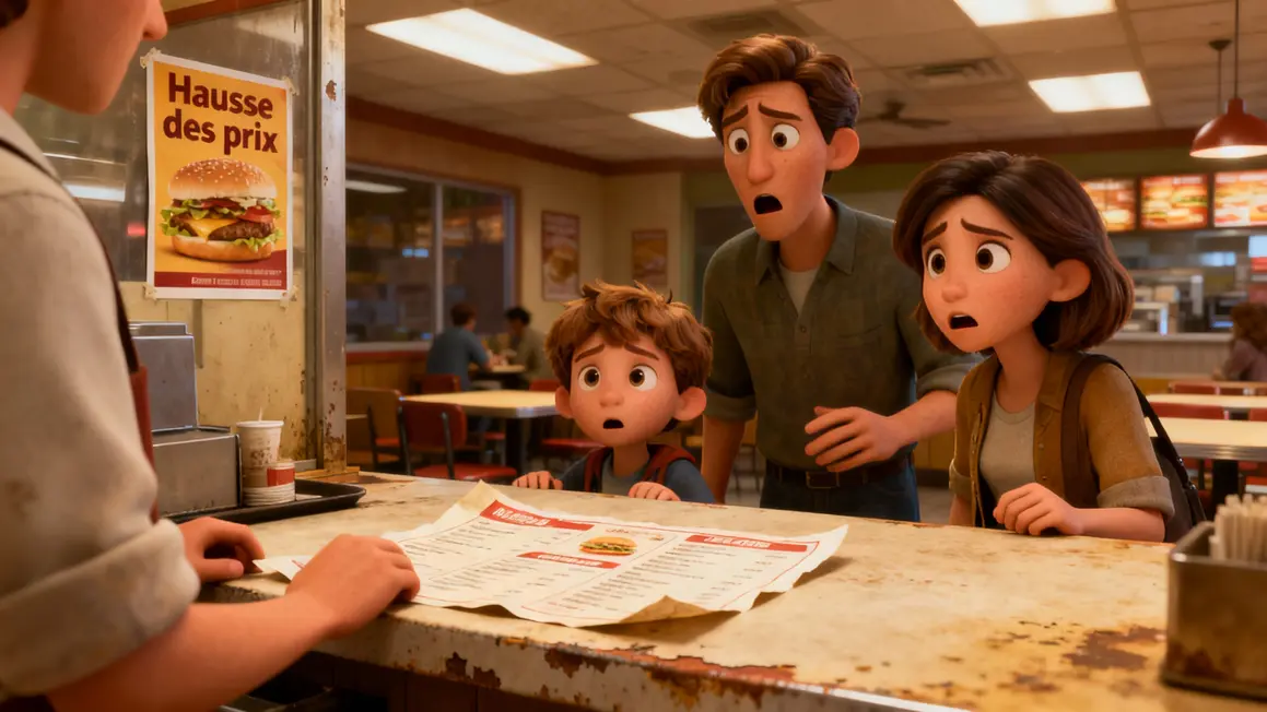 Famille fast-food hausse prix, ambiance préoccupée