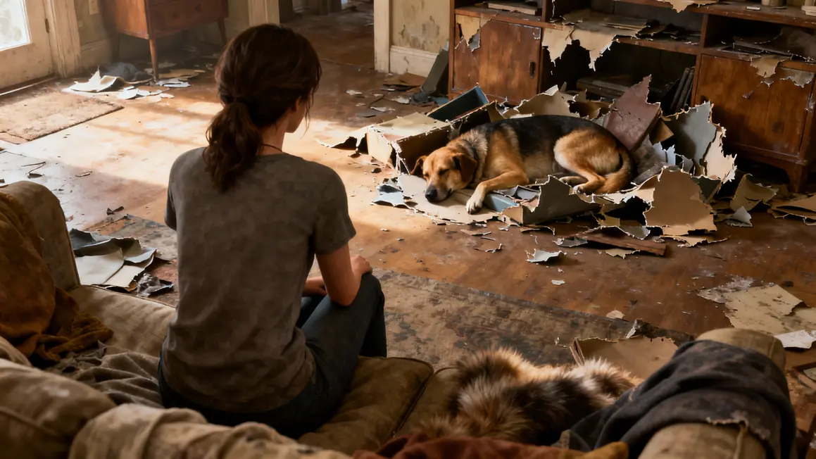 Femme et chien devant dégâts après adoption
