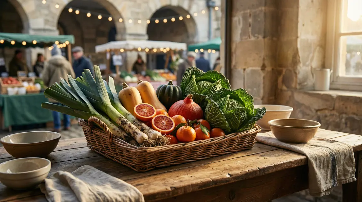Panier de fruits et légumes de décembre sur table, ambiance marché local