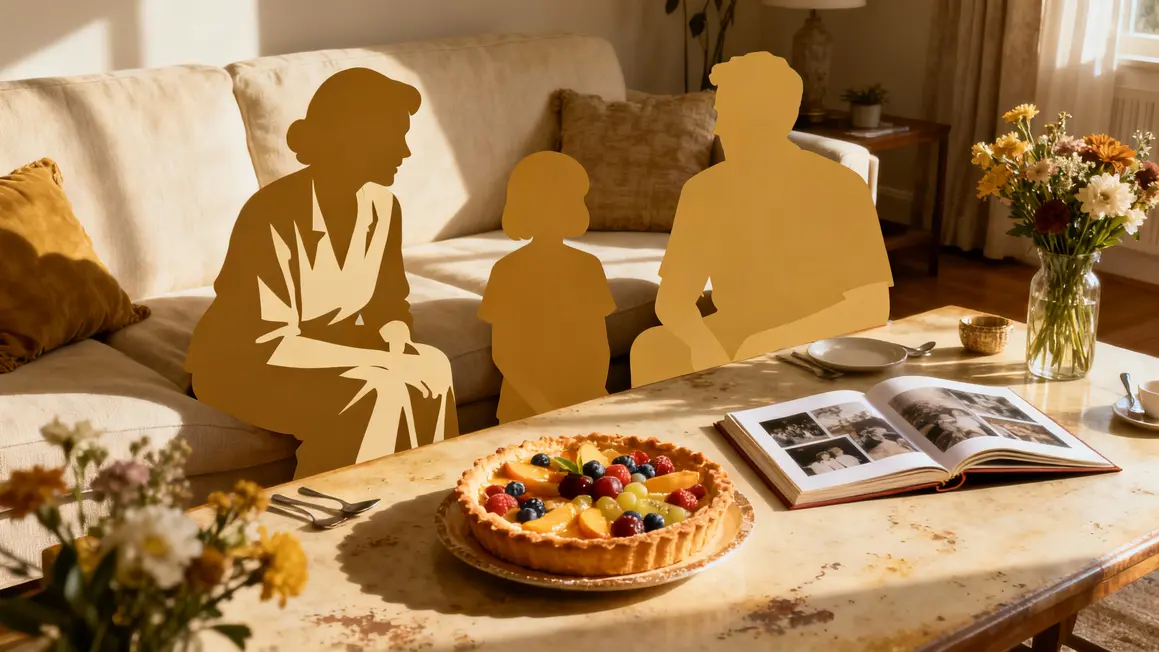 Famille trois générations partage tartes et souvenirs autour album photo