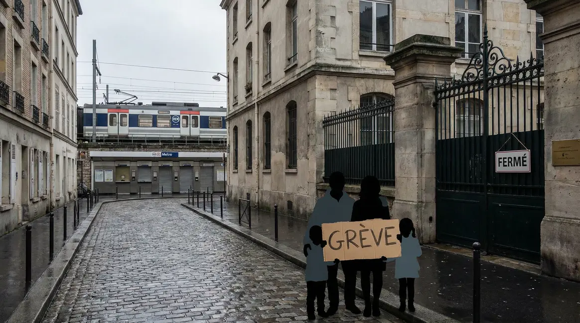 Scène urbaine grève avec familles inquiètes et trains arrêtés