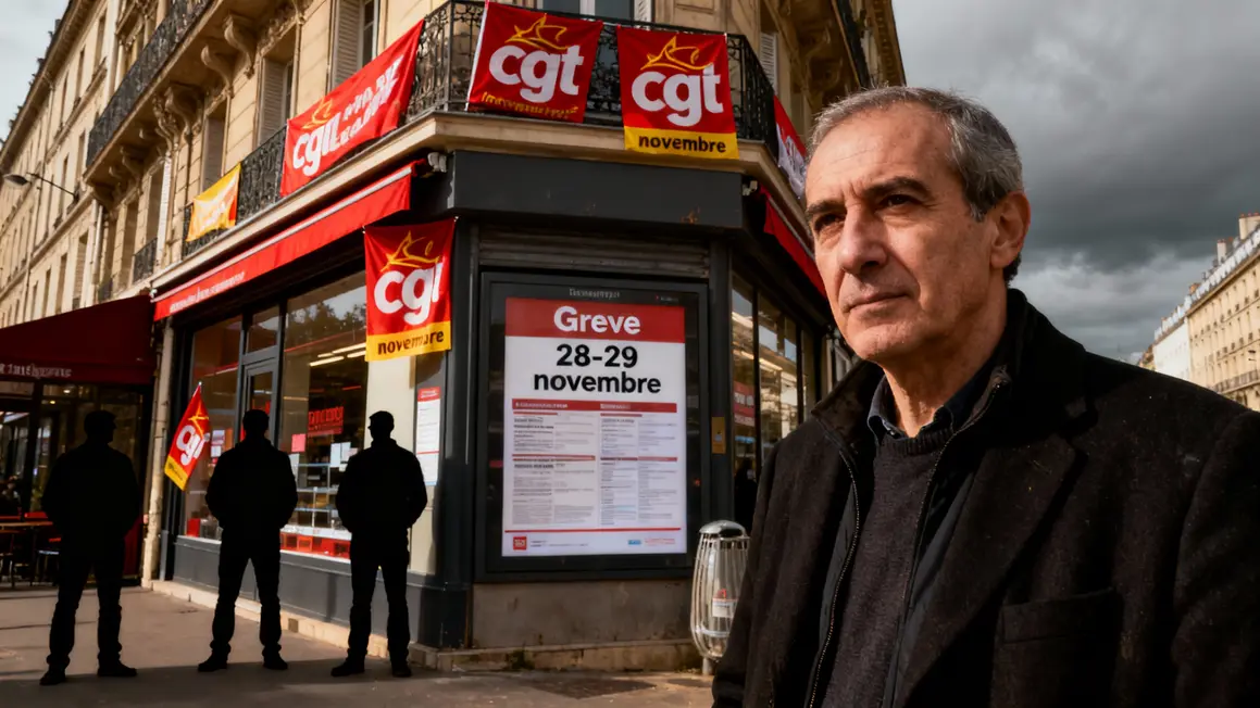 vitrine magasin paris avec banderoles syndicales et grévistes