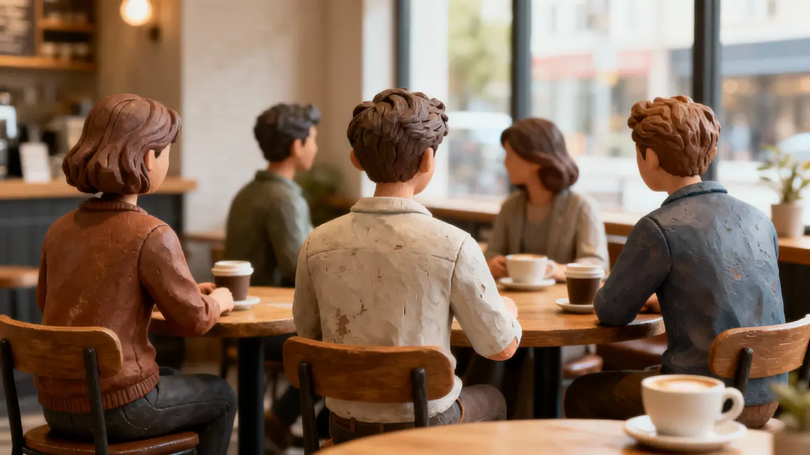 Petit groupe autour de tables café ambiance chaleureuse