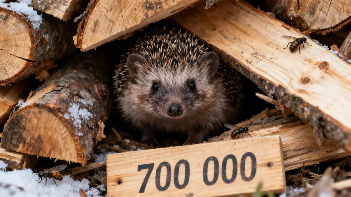 herisson sous tas de bois avec insectes et panneau 700000