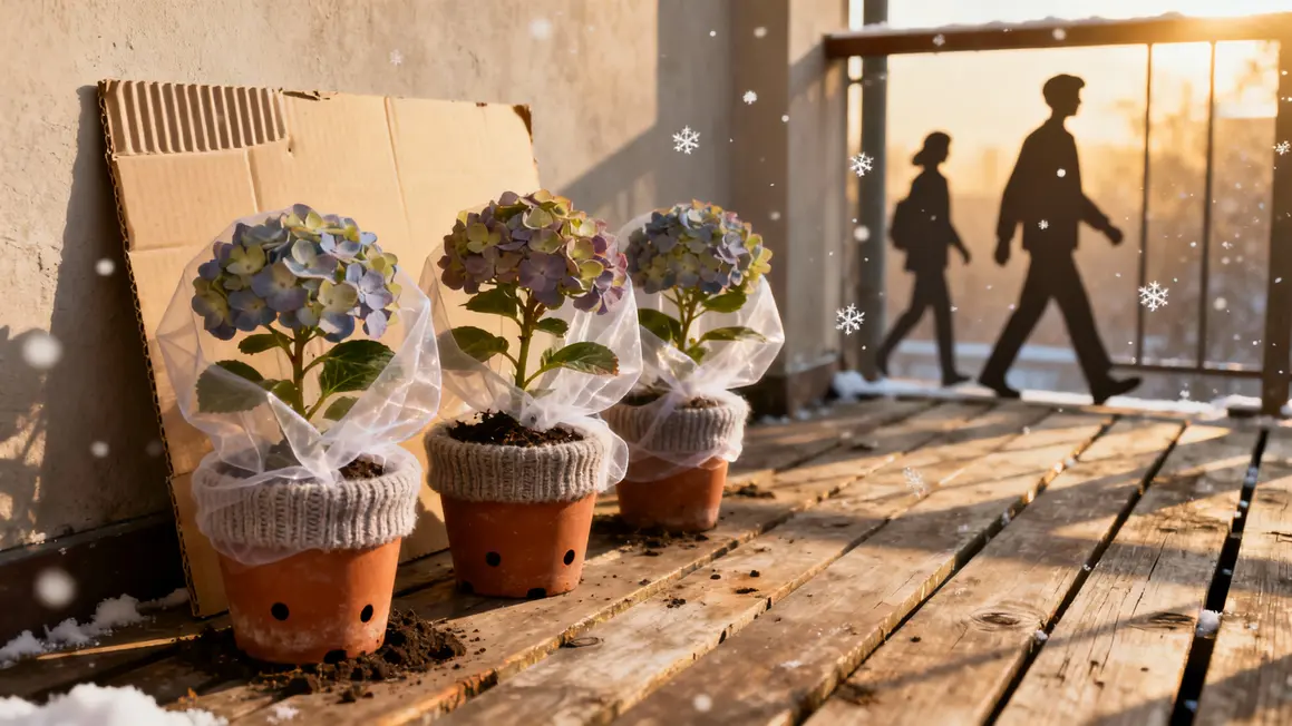hortensias pots proteges voile laine carton terrasse hiver