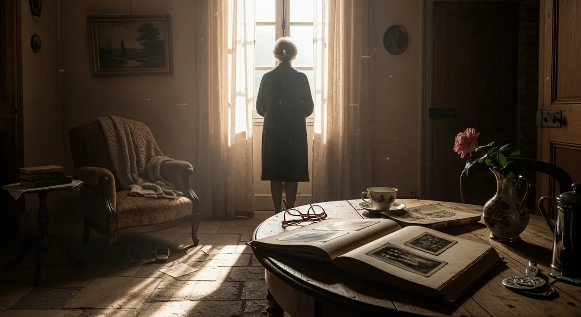Femme âgée de dos dans maison ancienne ambiance nostalgique avec album photo