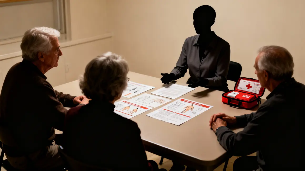 Jeanne Martin et seniors discutant autour d'un kit d'urgence